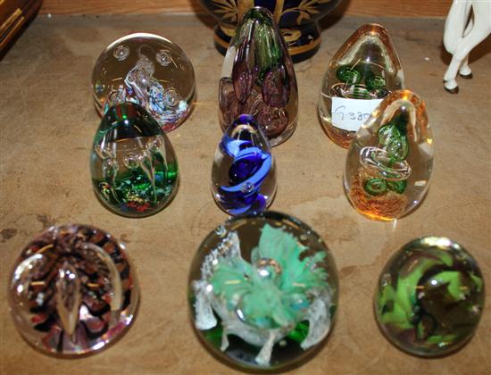 9 various glass paperweights